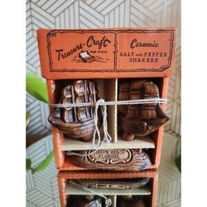Vintage Treasurecraft Miami Beach Pirateship Salt and Pepper Shakers 3 Pc In Box